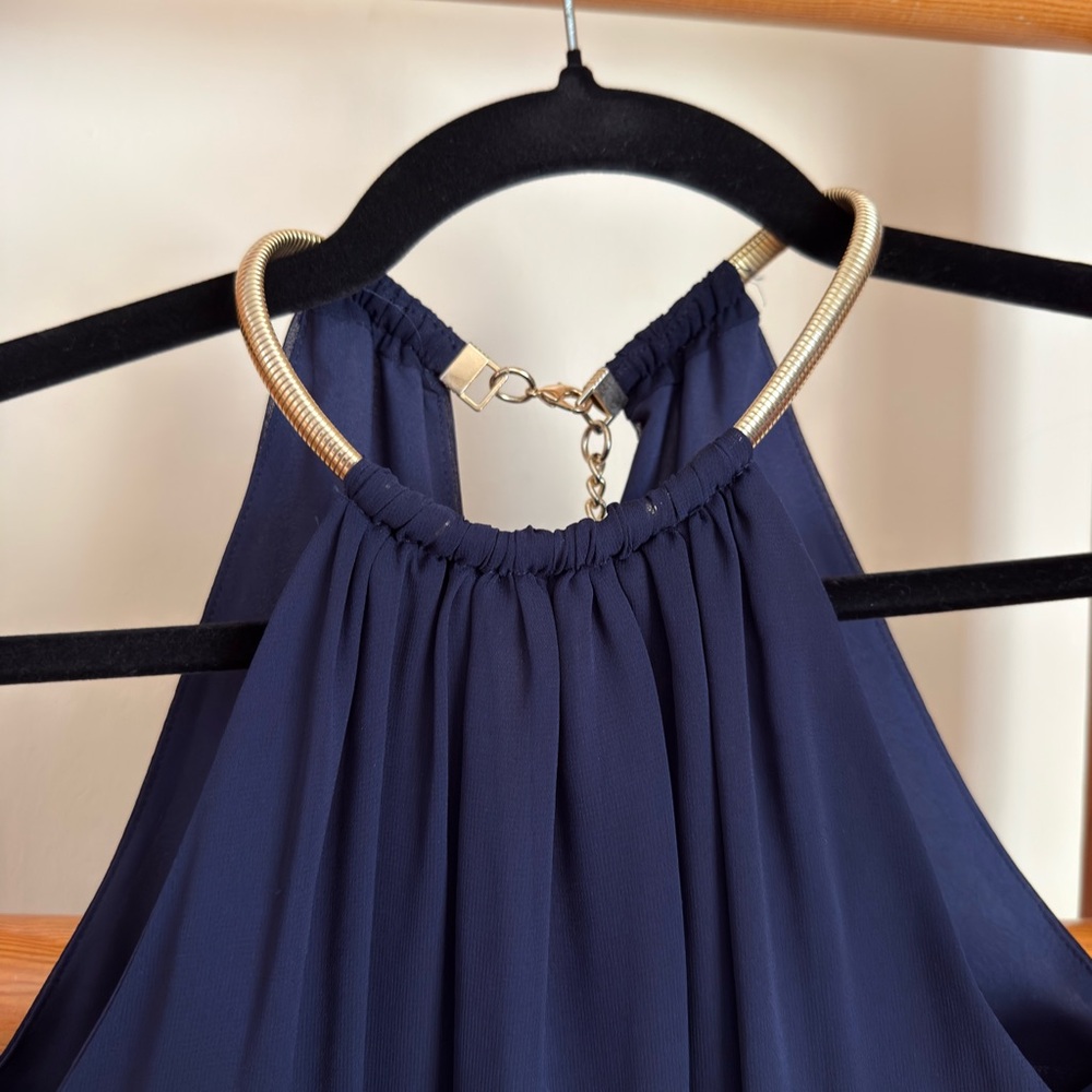 Vince Camuto Navy Blouson Halter Gold Choker Wedding Guest Jumpsuit 4 - Picture 7 of 13